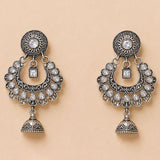 Indian oxidized silver floral chandbali earrings with intricate filigree and clear crystals for ethnic wear and weddings