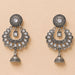 Indian oxidized silver floral chandbali earrings with intricate filigree and clear crystals for ethnic wear and weddings