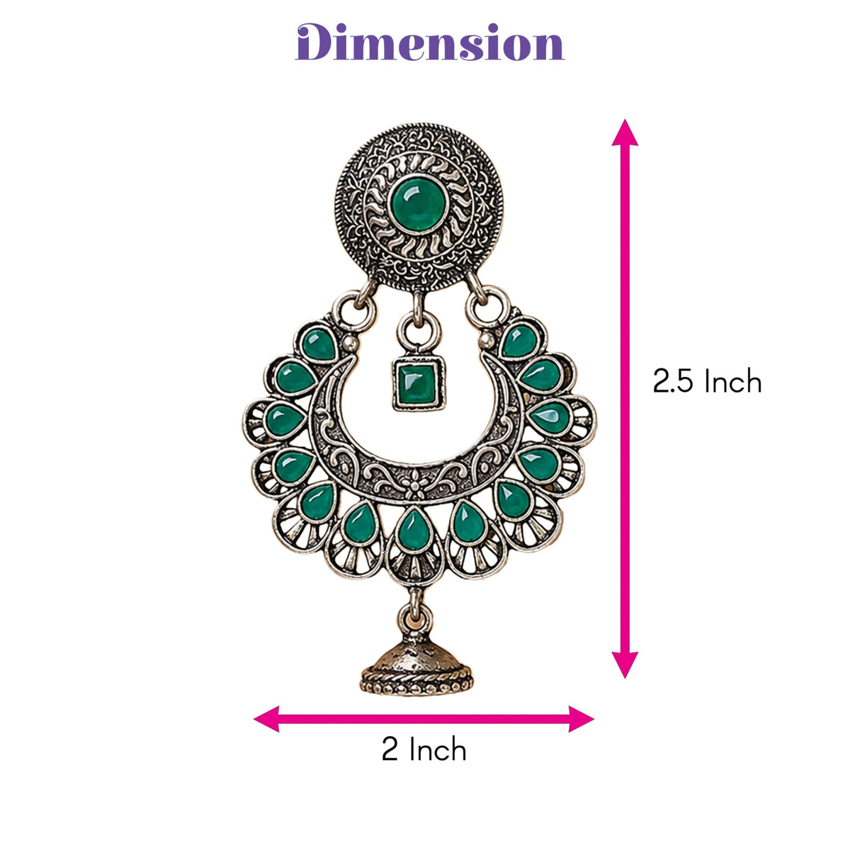 Silver-toned oxidized floral chandbali jhumka earrings with green emerald cabochon and teardrop gemstones for ethnic wear