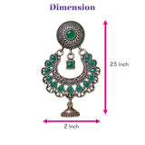 Silver-toned oxidized floral chandbali jhumka earrings with green emerald cabochon and teardrop gemstones for ethnic wear