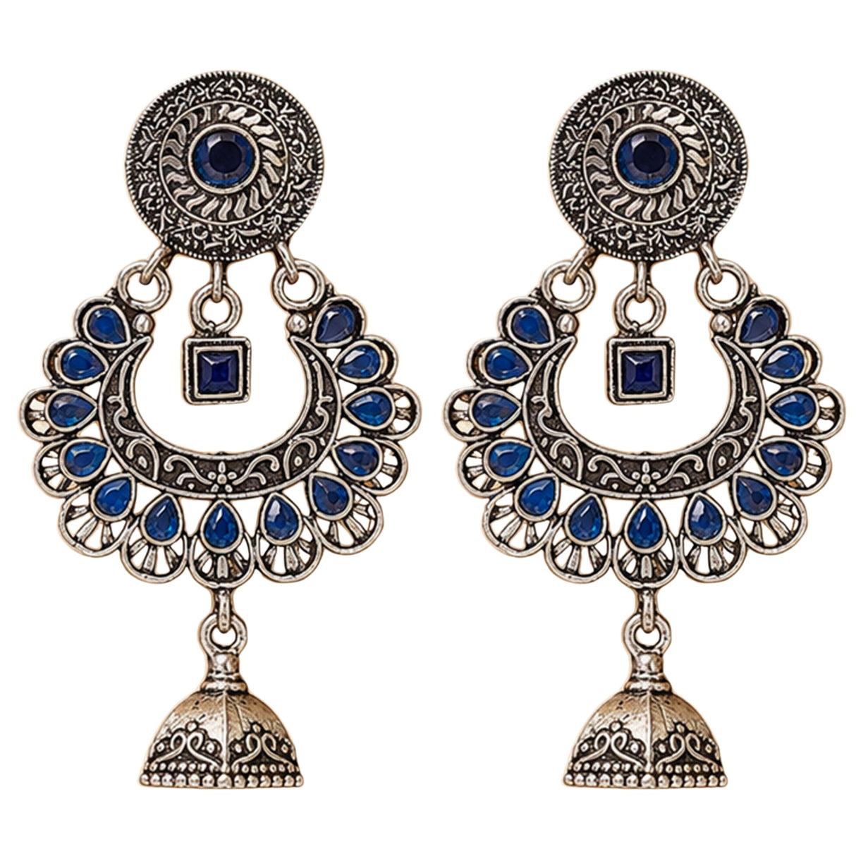 Indian oxidized silver floral chandbali earrings with deep blue stones filigree and dangling bell for wedding and ethnic wear