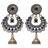 Indian oxidized silver floral chandbali earrings with deep blue stones filigree and dangling bell for wedding and ethnic wear