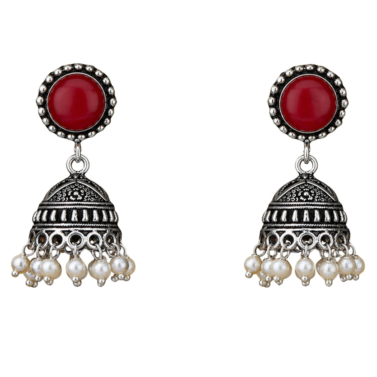 Silver oxidized floral jhumka earrings with red cabochon and white faux pearls for traditional boho ethnic wear