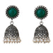 Silver oxidized floral jhumka earrings with green stone centerpiece clear crystals and faux pearl dangles for ethnic wear