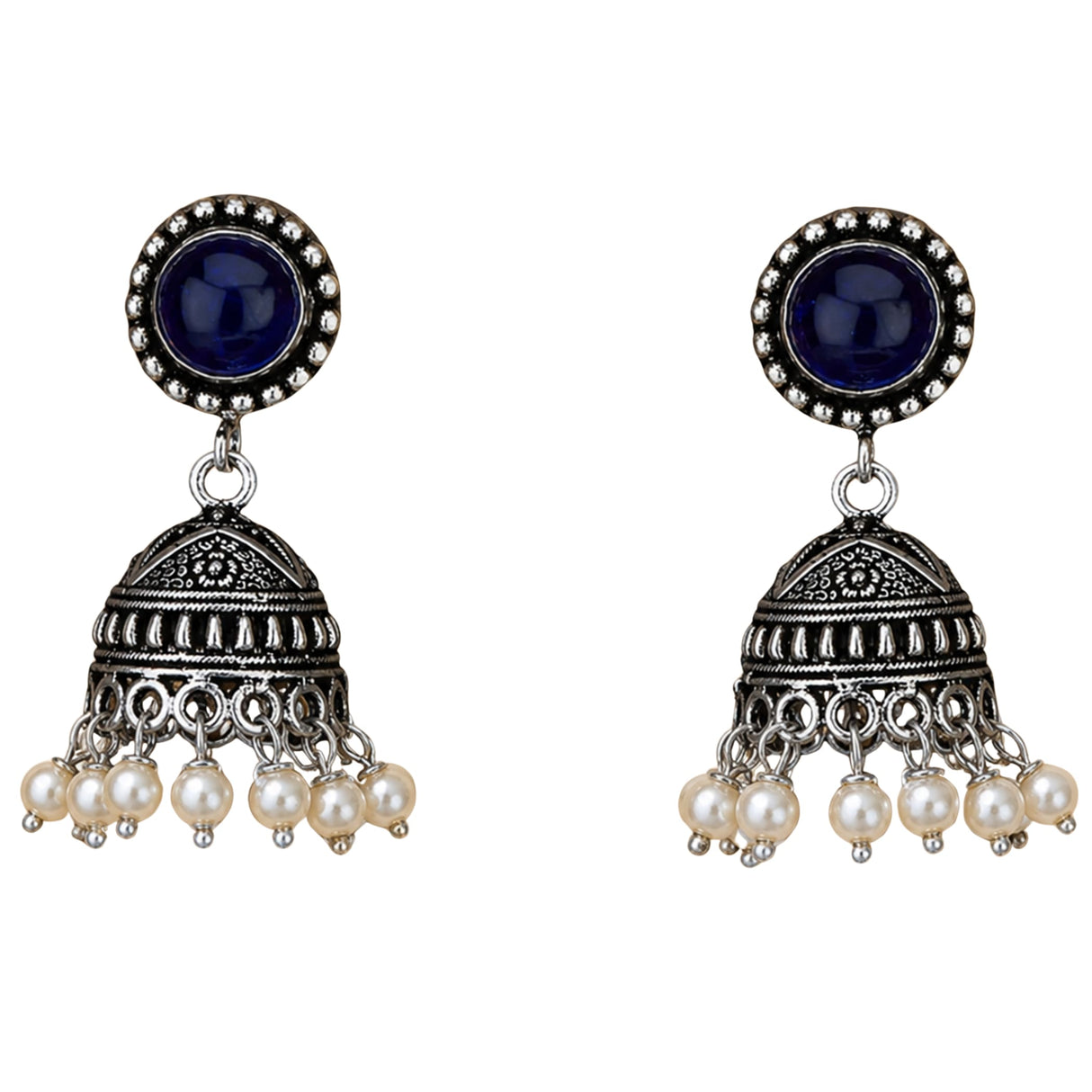 Silver oxidized floral jhumka earrings with dark blue stone and faux pearls for traditional boho ethnic wear