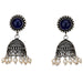 Silver oxidized floral jhumka earrings with dark blue stone and faux pearls for traditional boho ethnic wear