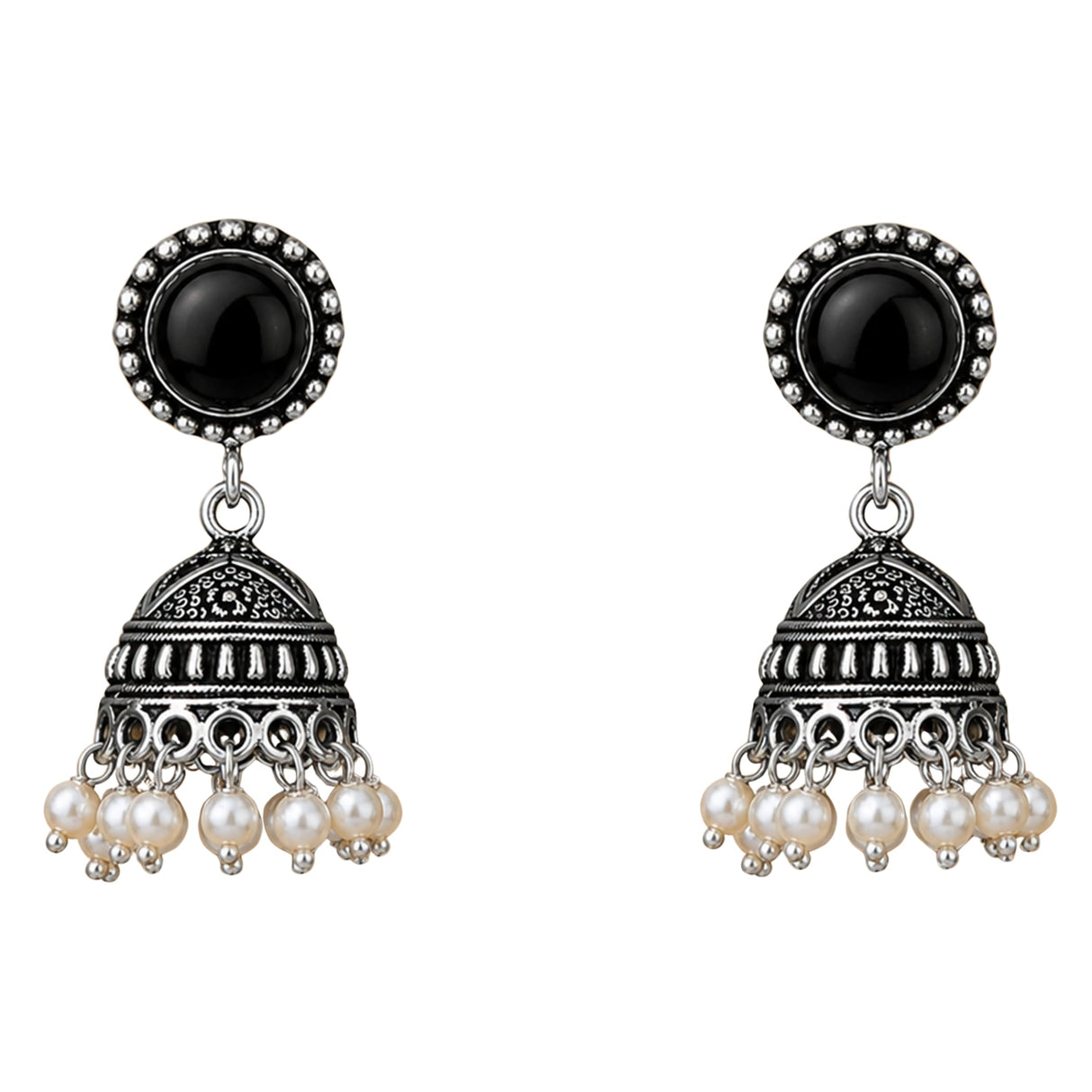Silver oxidized floral jhumka earrings with black onyx stones and dangling faux pearl beads for traditional wear