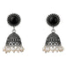 Silver oxidized floral jhumka earrings with black onyx stones and dangling faux pearl beads for traditional wear
