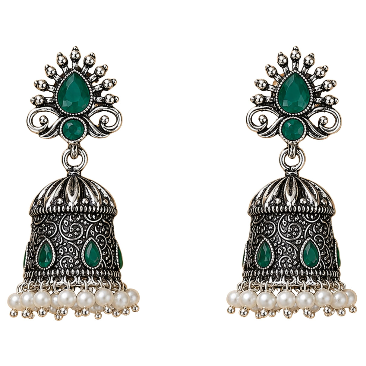 Silver oxidized floral jhumka earrings with intricate filigree, emerald teardrop stones, and faux pearl accents for ethnic wear