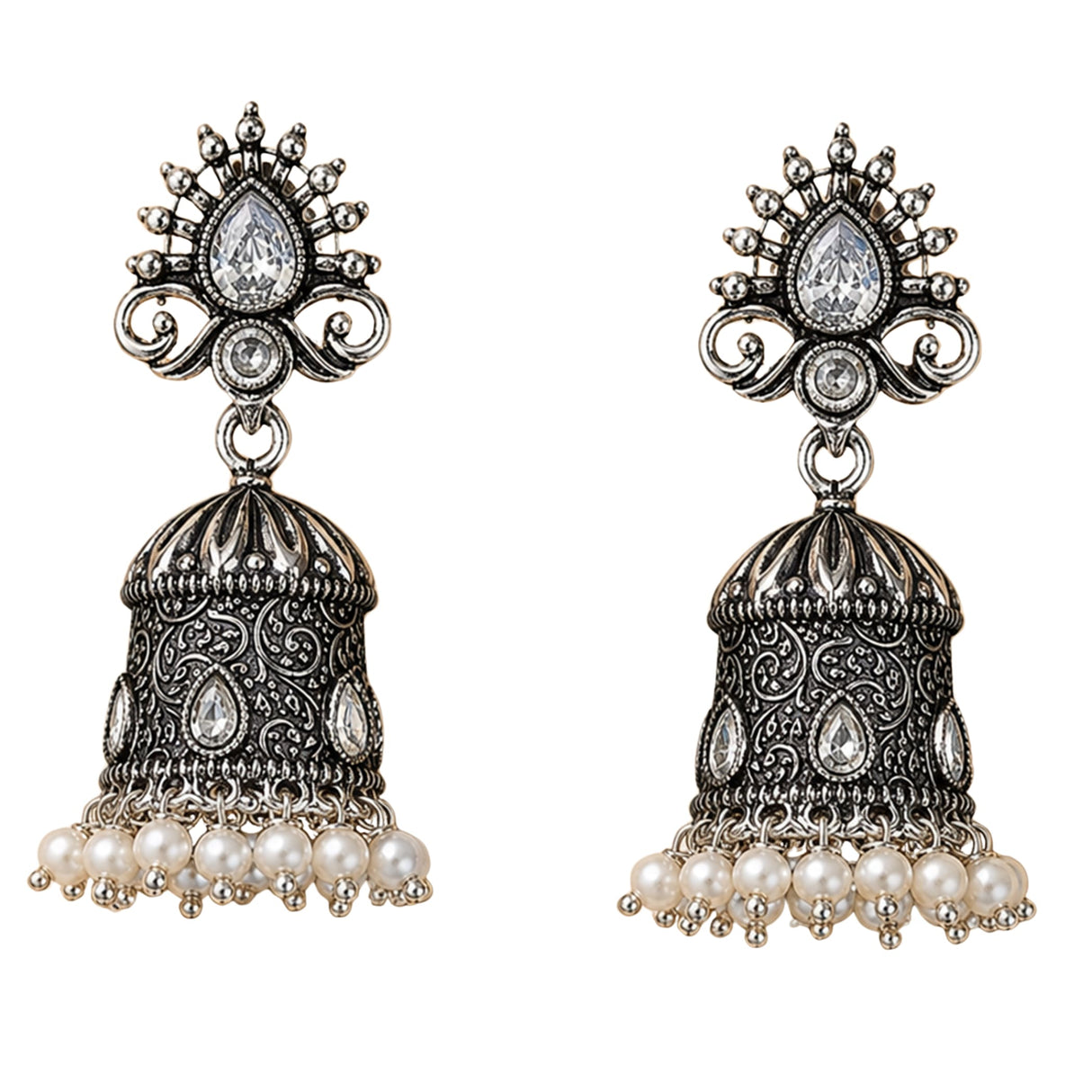 Silver oxidized floral jhumka earrings with intricate filigree work teardrop crystals and dangling faux pearls for ethnic wear