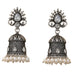 Silver oxidized floral jhumka earrings with intricate filigree work teardrop crystals and dangling faux pearls for ethnic wear