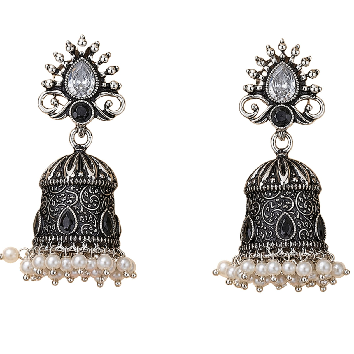 Silver and black ornate oxidized floral jhumka earrings with teardrop stone and faux pearls for diwali and ethnic wear