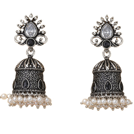 Silver and black ornate oxidized floral jhumka earrings with teardrop stone and faux pearls for diwali and ethnic wear