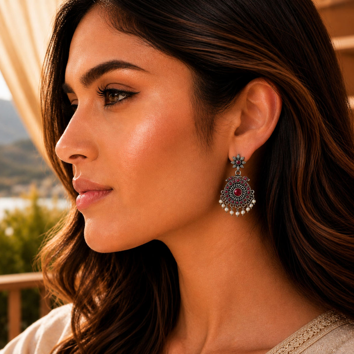 Indian oxidized silver filigree chandbali earrings with a red gemstone and faux pearl dangles for ethnic wear and weddings