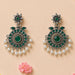 Silver-toned Indian oxidized chandbali earrings with floral design, emerald green gemstones, and white faux pearl drops