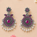 Elegant silver-toned Indian oxidized chandbali earrings with deep pink gemstones and dangled white faux pearls for ethnic wear