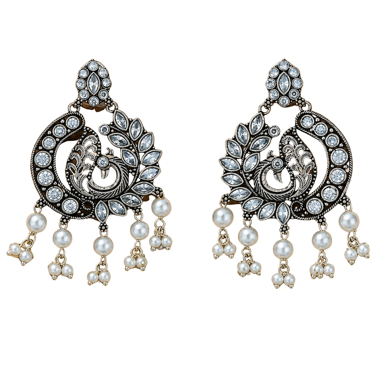 Boho peacock oxidized chandbali silver tone earrings with clear crystals and white pearl dangles for ethnic wear