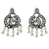 Boho peacock oxidized chandbali silver tone earrings with clear crystals and white pearl dangles for ethnic wear