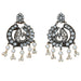Boho peacock oxidized chandbali silver tone earrings with clear crystals and white pearl dangles for ethnic wear