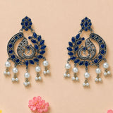 Elegant silver tone boho peacock chandbali earrings with deep blue stones and white pearl dangles for ethnic wear