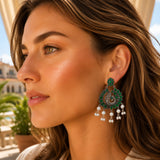 Boho peacock oxidized chandbali earrings with emerald green and silver paisley design and pearl dangle for ethnic wear