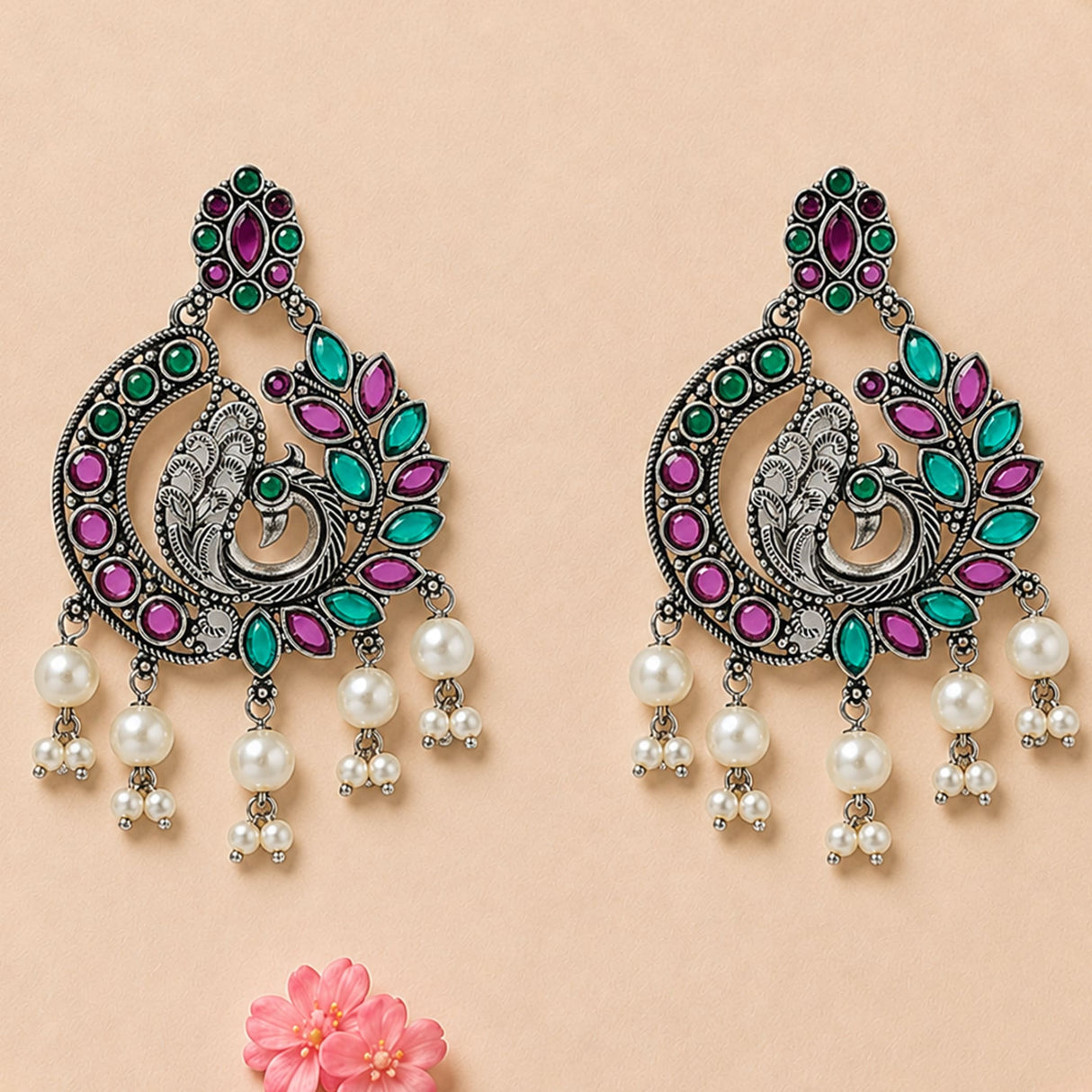 Boho peacock oxidized silver chandbali earrings with green pink teal gemstones and white pearl dangle for ethnic wear