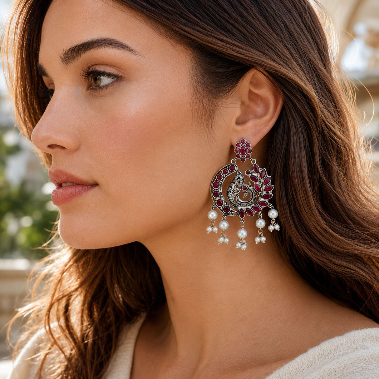 Boho peacock oxidized chandbali earrings silver tone with ruby studs and pearl dangle for wedding and ethnic wear