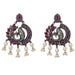 Silver peacock chandbali earrings with red and purple gemstones and pearl dangles for traditional Indian wear