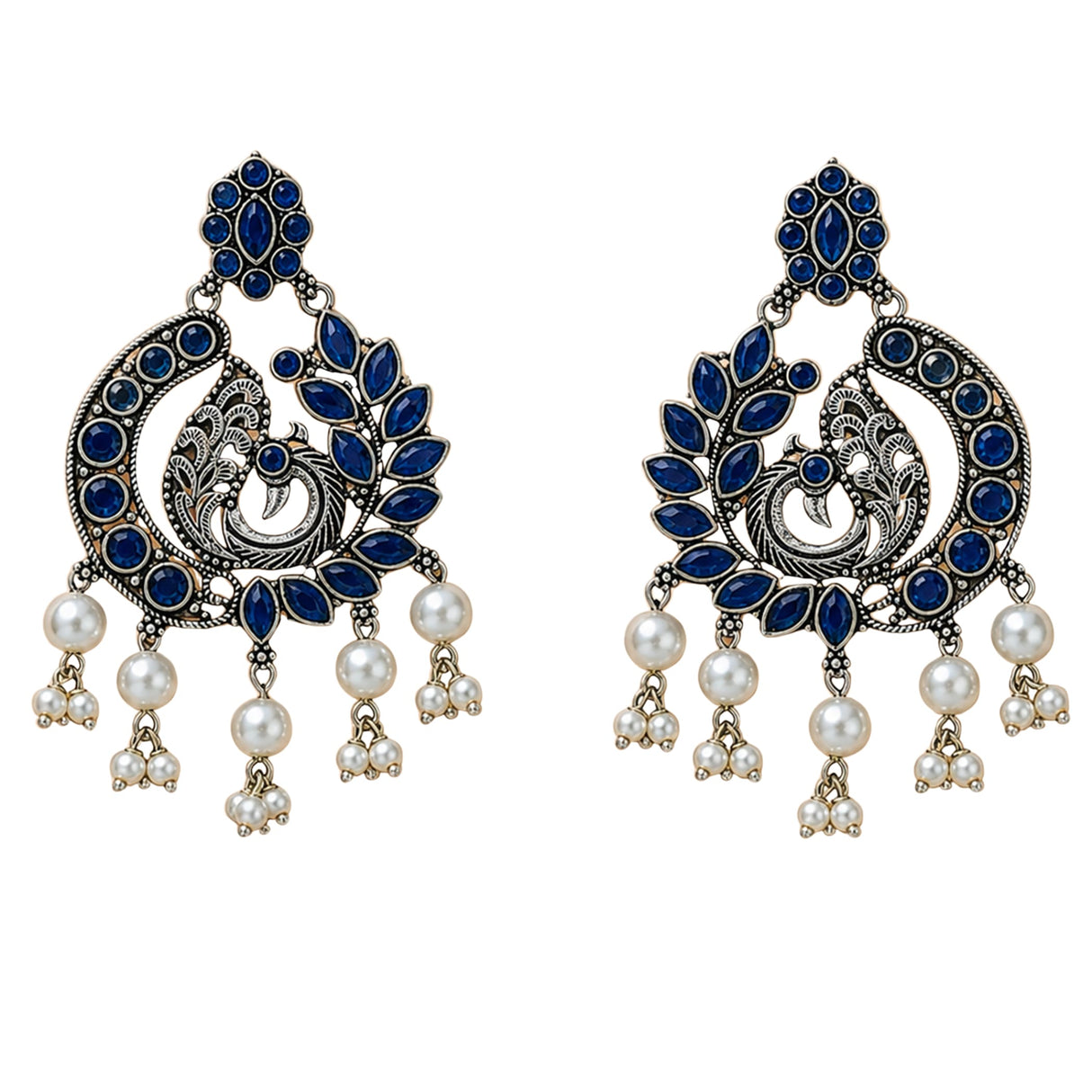 Silver tone boho peacock chandbali earrings with deep blue gemstones and white pearl dangles for ethnic wear