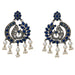Silver tone boho peacock chandbali earrings with deep blue gemstones and white pearl dangles for ethnic wear
