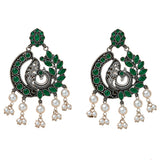 Elegant silver tone boho peacock chandbali earrings with emerald stones and white pearl dangles for ethnic wear
