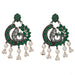 Elegant silver tone boho peacock chandbali earrings with emerald stones and white pearl dangles for ethnic wear