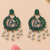 Elegant green and silver boho peacock chandbali earrings with oxidized finish and pearl dangle for weddings and ethnic wear