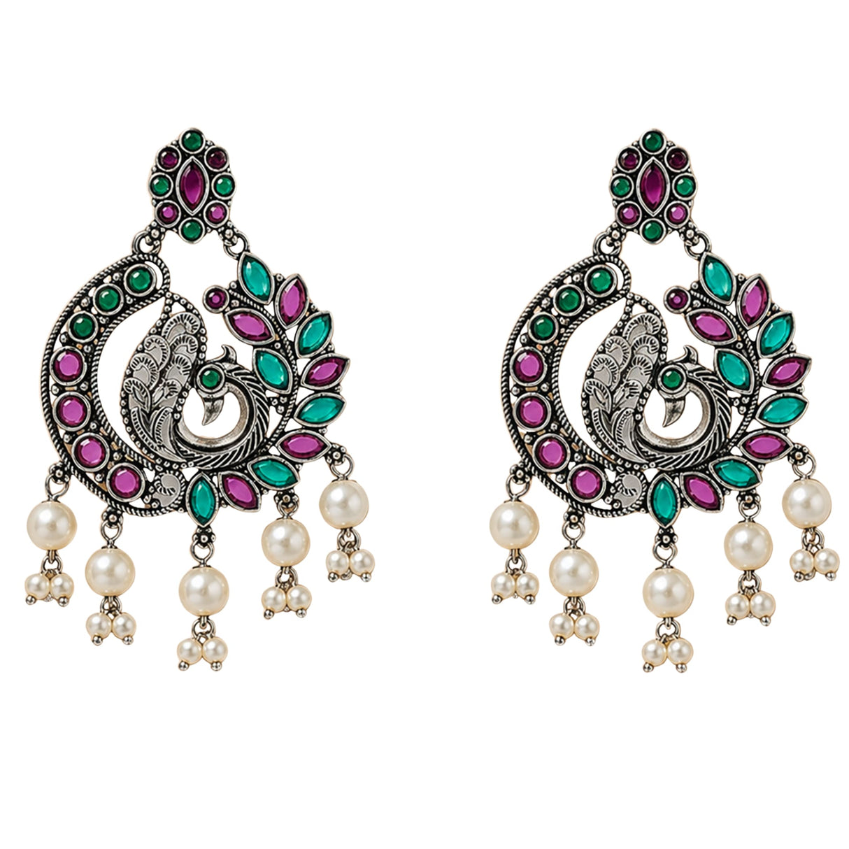 Silver peacock chandbali earrings with pink and green gemstones and pearl dangles for Indian weddings and ethnic wear