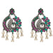 Silver peacock chandbali earrings with pink and green gemstones and pearl dangles for Indian weddings and ethnic wear