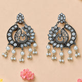 Elegant black metal boho peacock oxidized chandbali earrings with clear crystals and white pearl dangles for ethnic wear