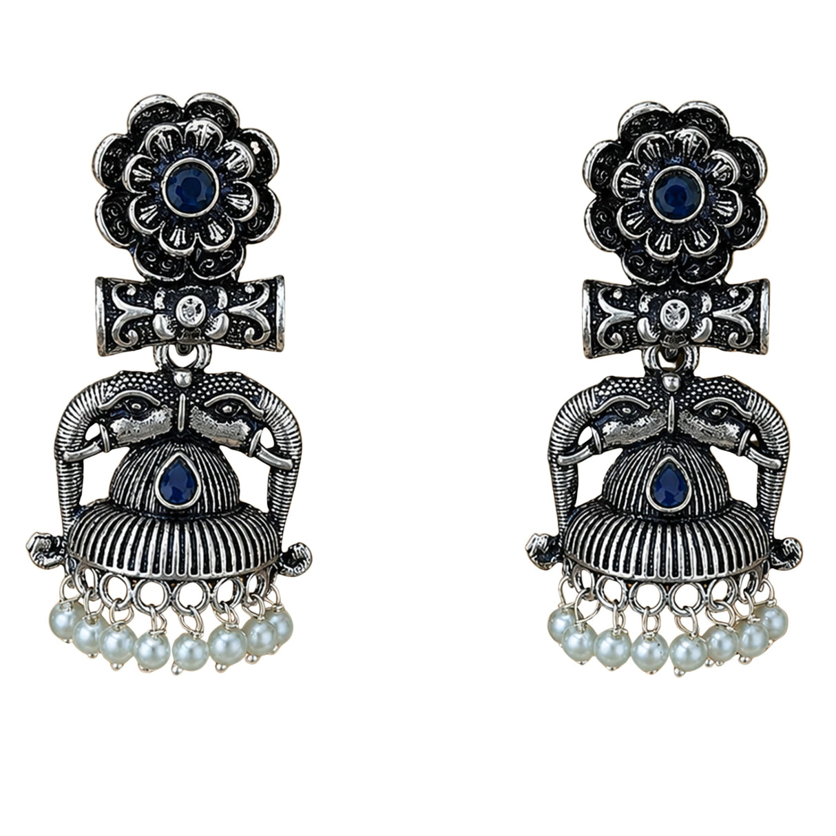 Silver oxidized floral elephant jhumka earrings with deep blue gemstones and faux pearl beads for traditional wear