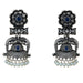 Silver oxidized floral elephant jhumka earrings with deep blue gemstones and faux pearl beads for traditional wear