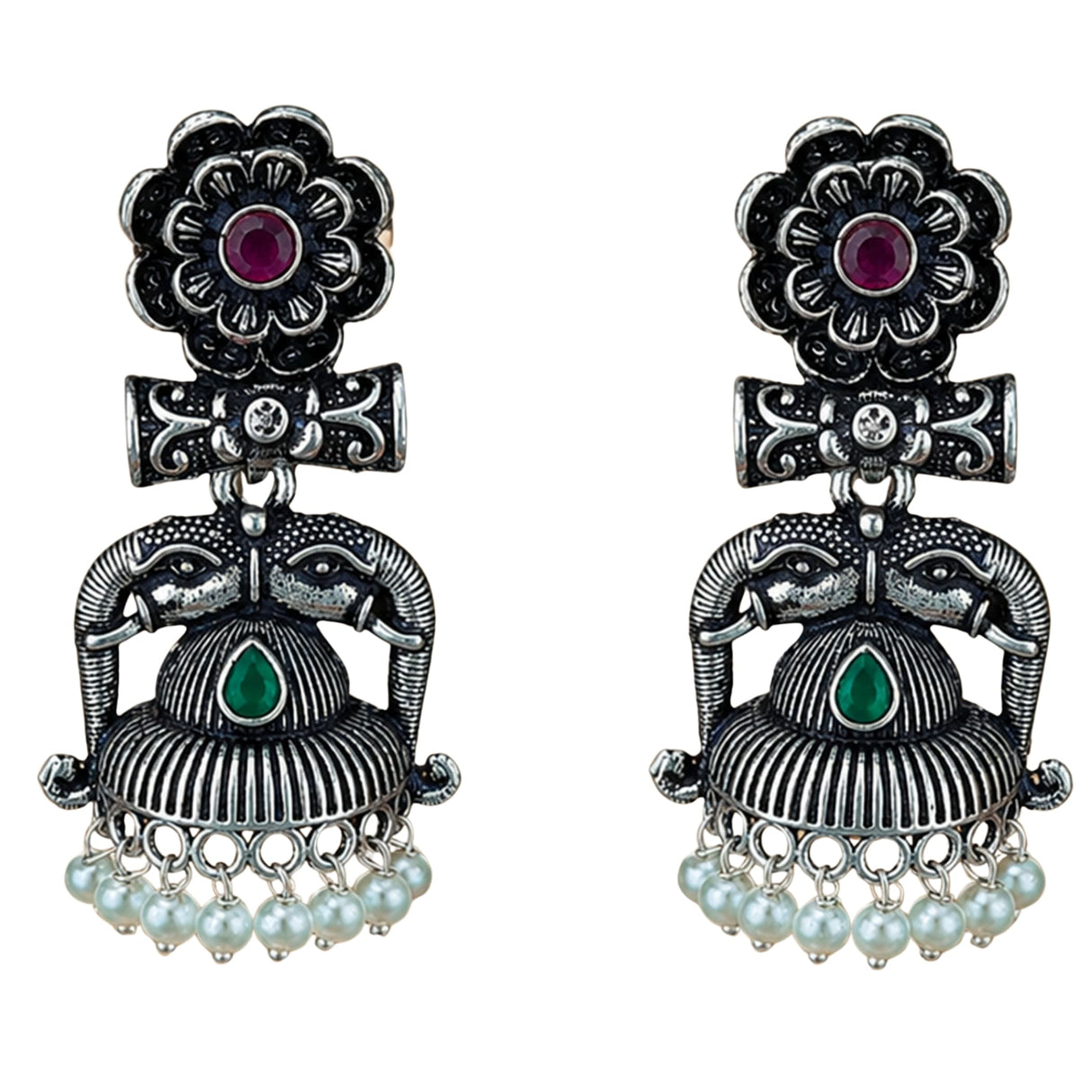 Silver oxidized elephant-themed floral jhumka earrings with ruby and emerald stones and dangling faux pearl beads for ethnic wear