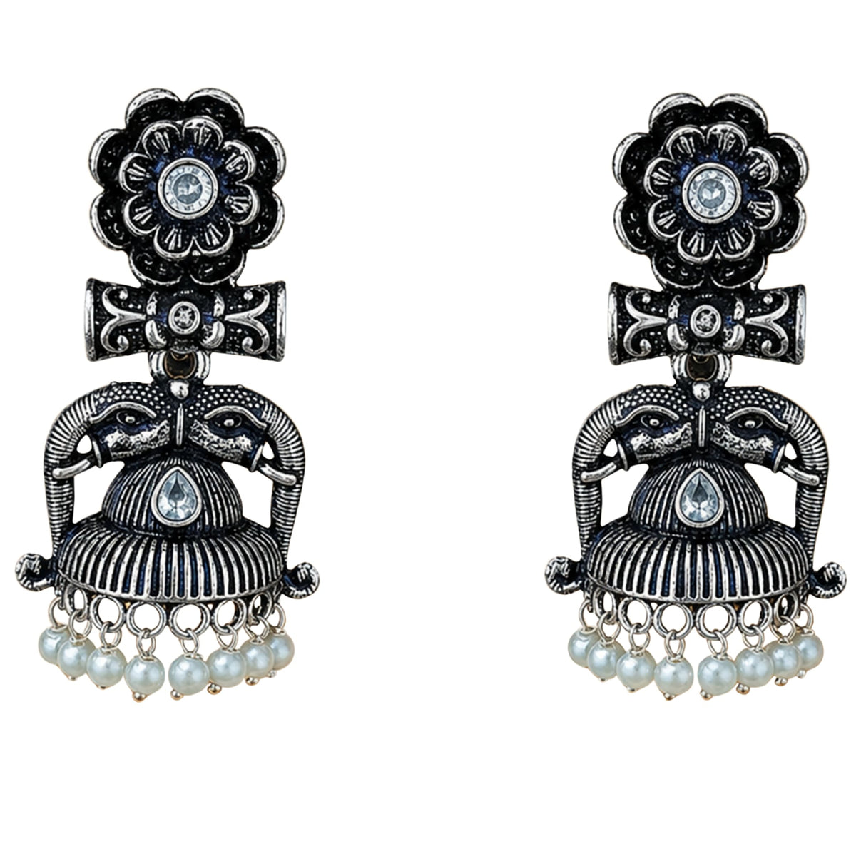 Silver oxidized elephant-themed jhumka earrings with clear stones and dangling faux pearl beads for ethnic wear