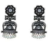 Silver oxidized elephant-themed jhumka earrings with clear stones and dangling faux pearl beads for ethnic wear