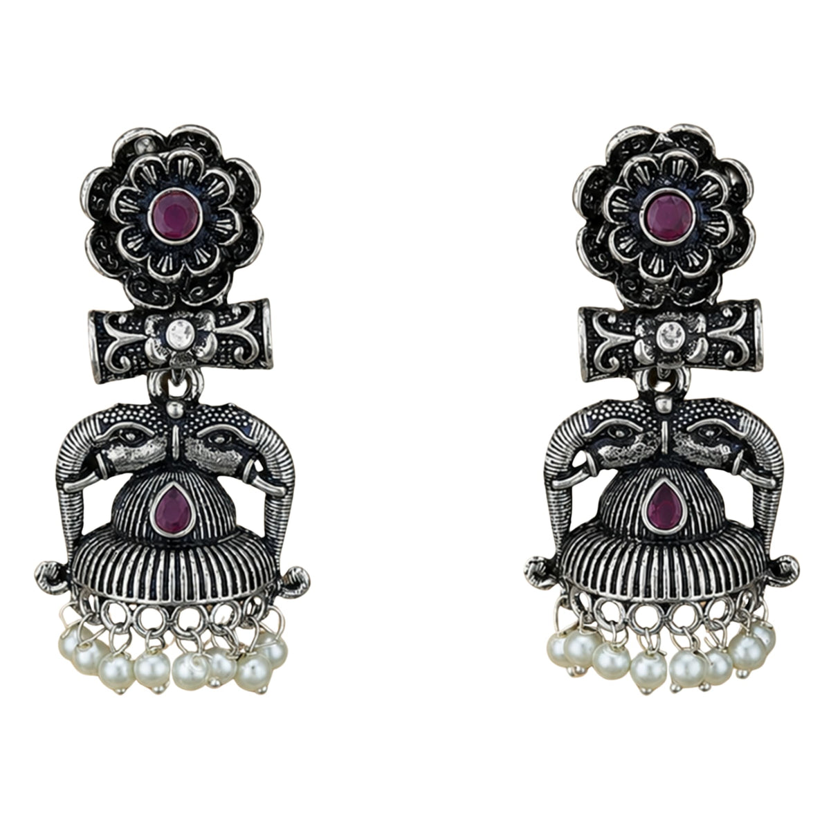 Silver oxidized floral jhumka earrings with elephant designs ruby stones and faux pearl beads for ethnic wear