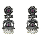 Silver oxidized floral jhumka earrings with elephant designs ruby stones and faux pearl beads for ethnic wear