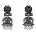 Silver oxidized floral jhumka earrings with elephant designs ruby stones and faux pearl beads for ethnic wear