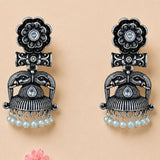 Silver oxidized floral jhumka earrings with black floral top clear crystal accents and dangling faux pearl beads for women