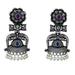 Indian oxidized silver jhumka earrings with intricate floral elephant designs, purple and blue stones, and faux pearl dangles