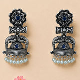 Silver oxidized elephant-themed jhumka earrings with deep blue gemstones floral and beaded designs for ethnic wear
