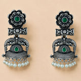 Silver oxidized floral elephant jhumka earrings with green gemstones and pearl fringe for traditional Diwali wear