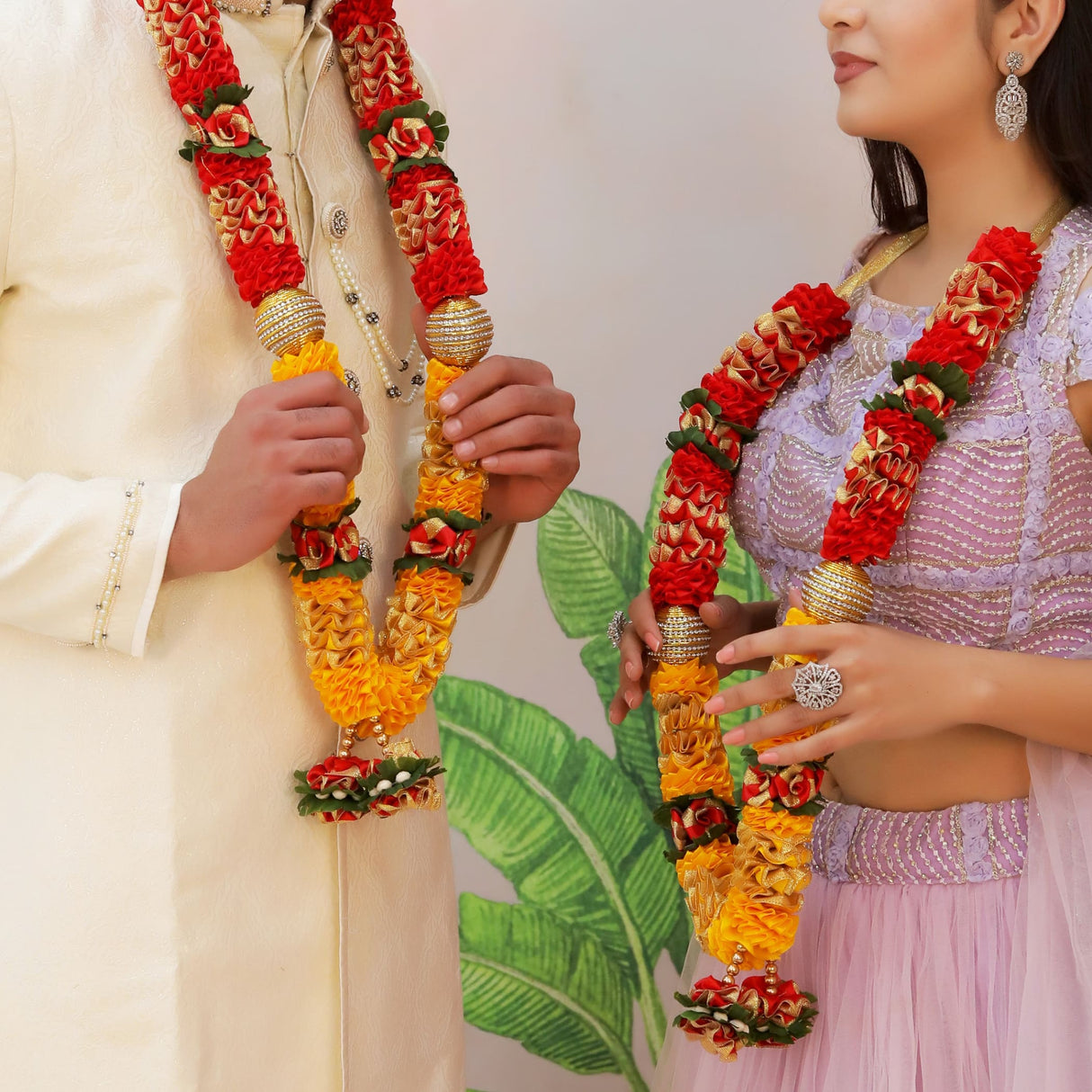 Vibrant red yellow floral varmala garlands with gold for weddings 23/15 inch
