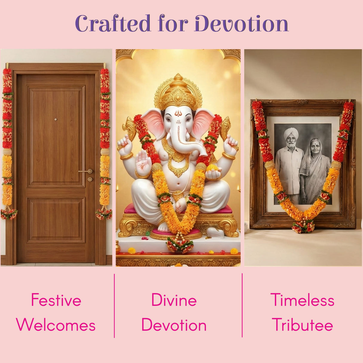 Golden Ganesha statue with jewelry and garlands on pedestal for wedding varmala pack